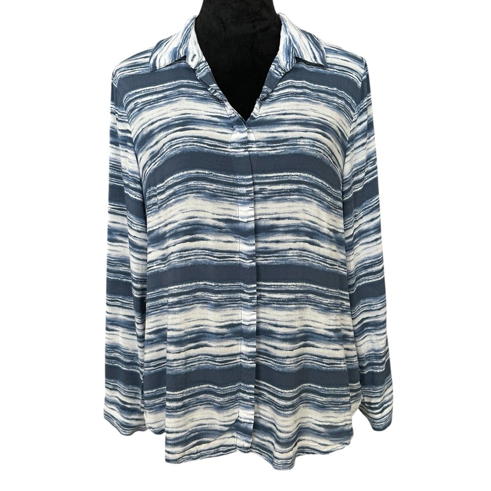 Soft surroundings Blue Striped Button Up Blouse Boho Relaxed Fit Long Sleeve Med